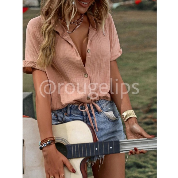 Cotton Short Sleeve Collared Shirt Drawstring Ties, Light Rust Color - Picture 7 of 8